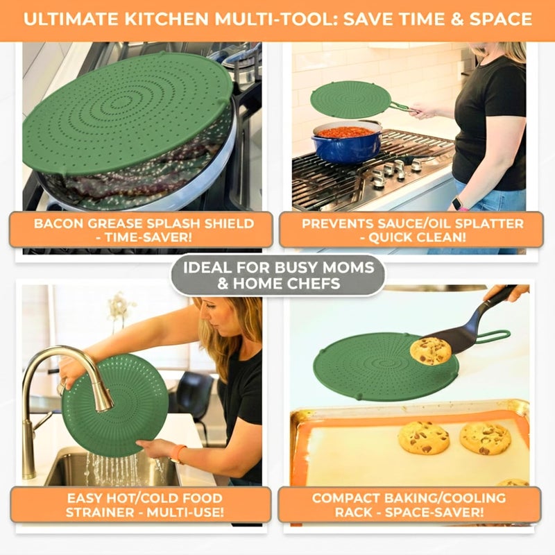 Allumerous Store Silicone Splatter Screen for Frying Pan | Green 13"| No More Oil Splatters | Foldable Handle w/Sleeves, Heat-Resistant, Dishwasher-Safe | Versatile Fits 10"–12″ Pans (Most 13″ Skillets Compatible) - Image 4